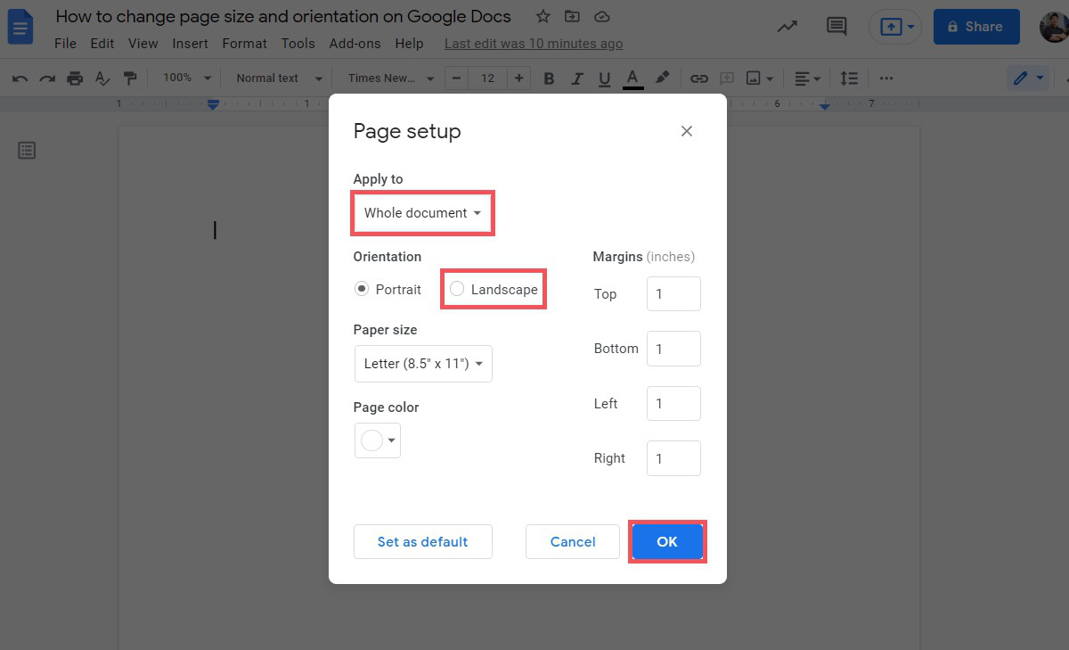 set up your page orientation as you want it then click okay