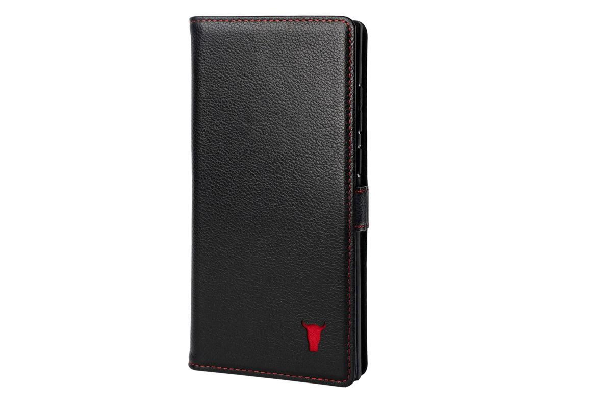 Torro leather wallet in black with red detailing.