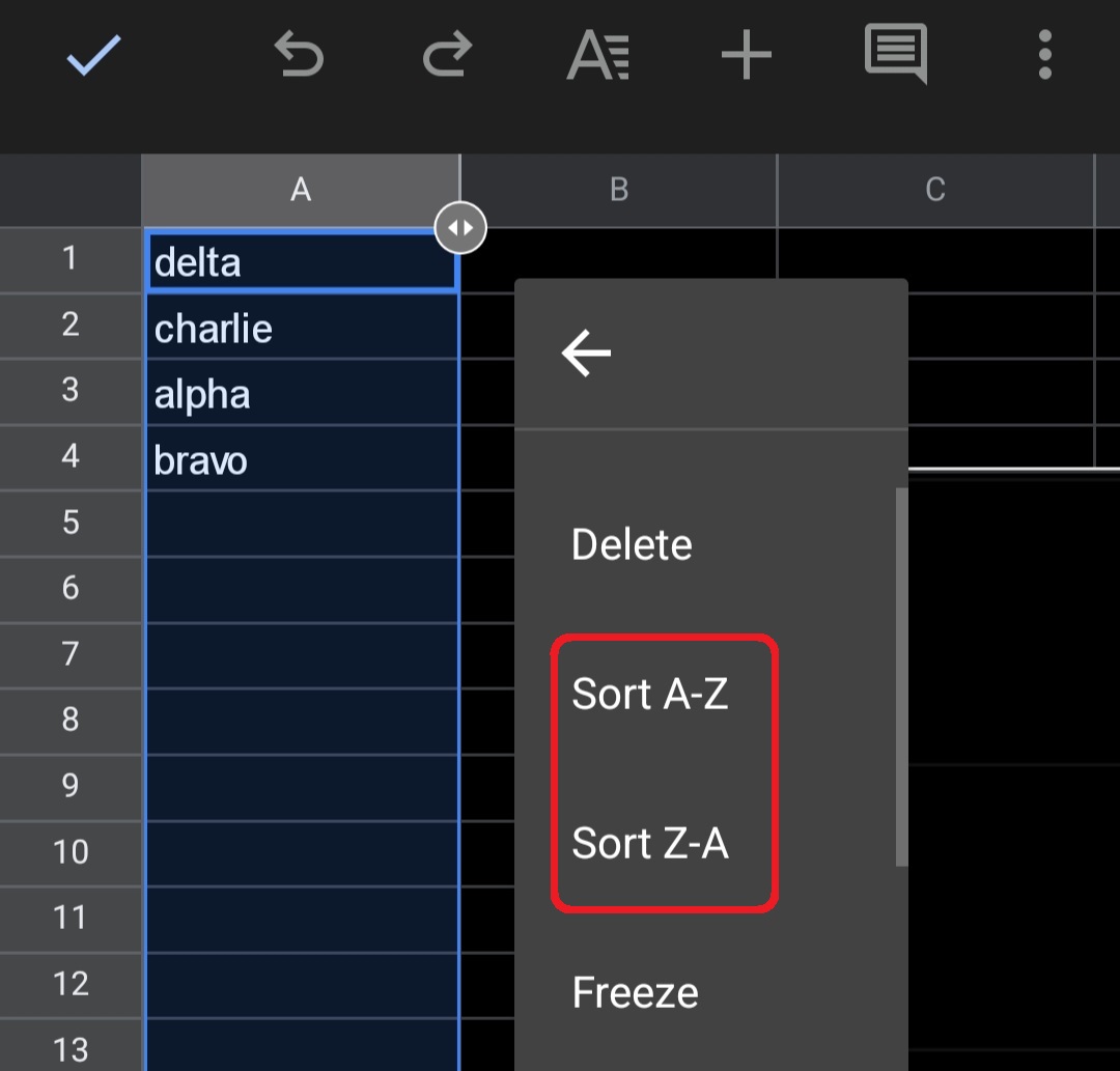 sort A-Z mobile