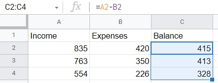 subtract column google sheets