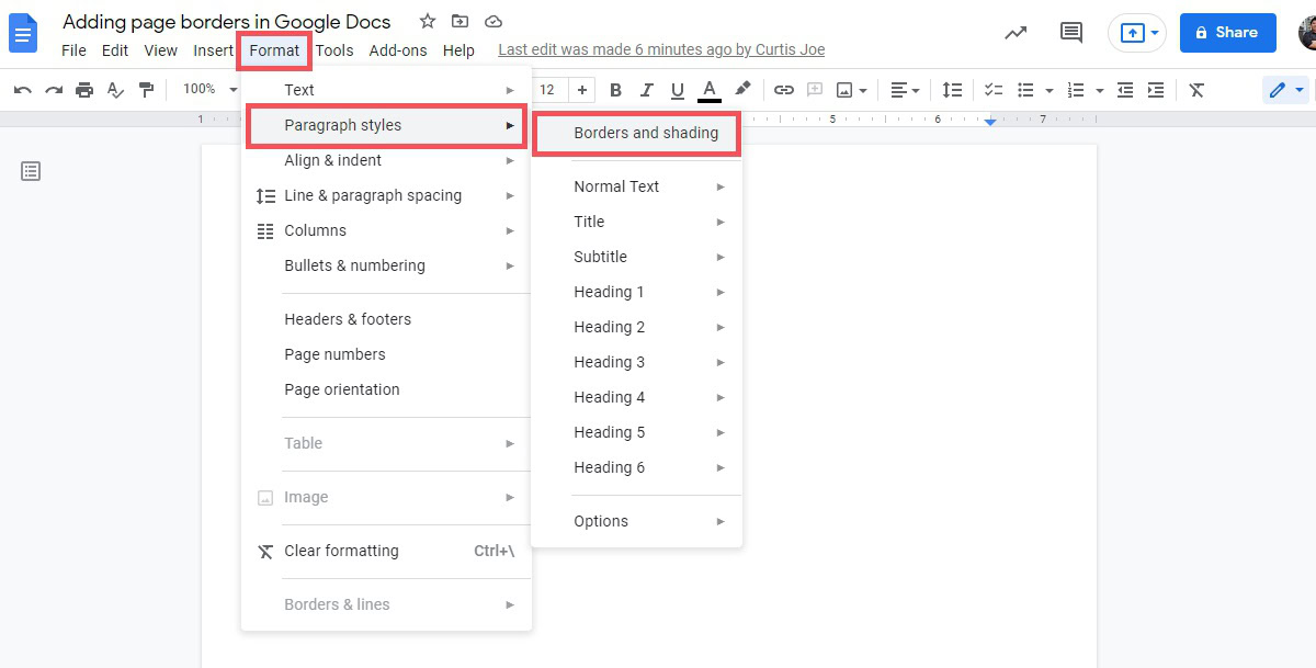 the location of Borders and shading within google docs menus