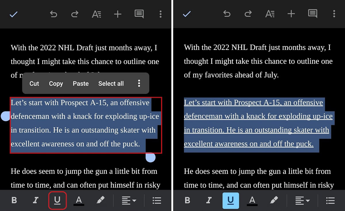 underlining text using the mobile app
