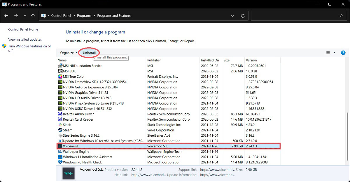 uninstalling in windows 11 through control panel 3