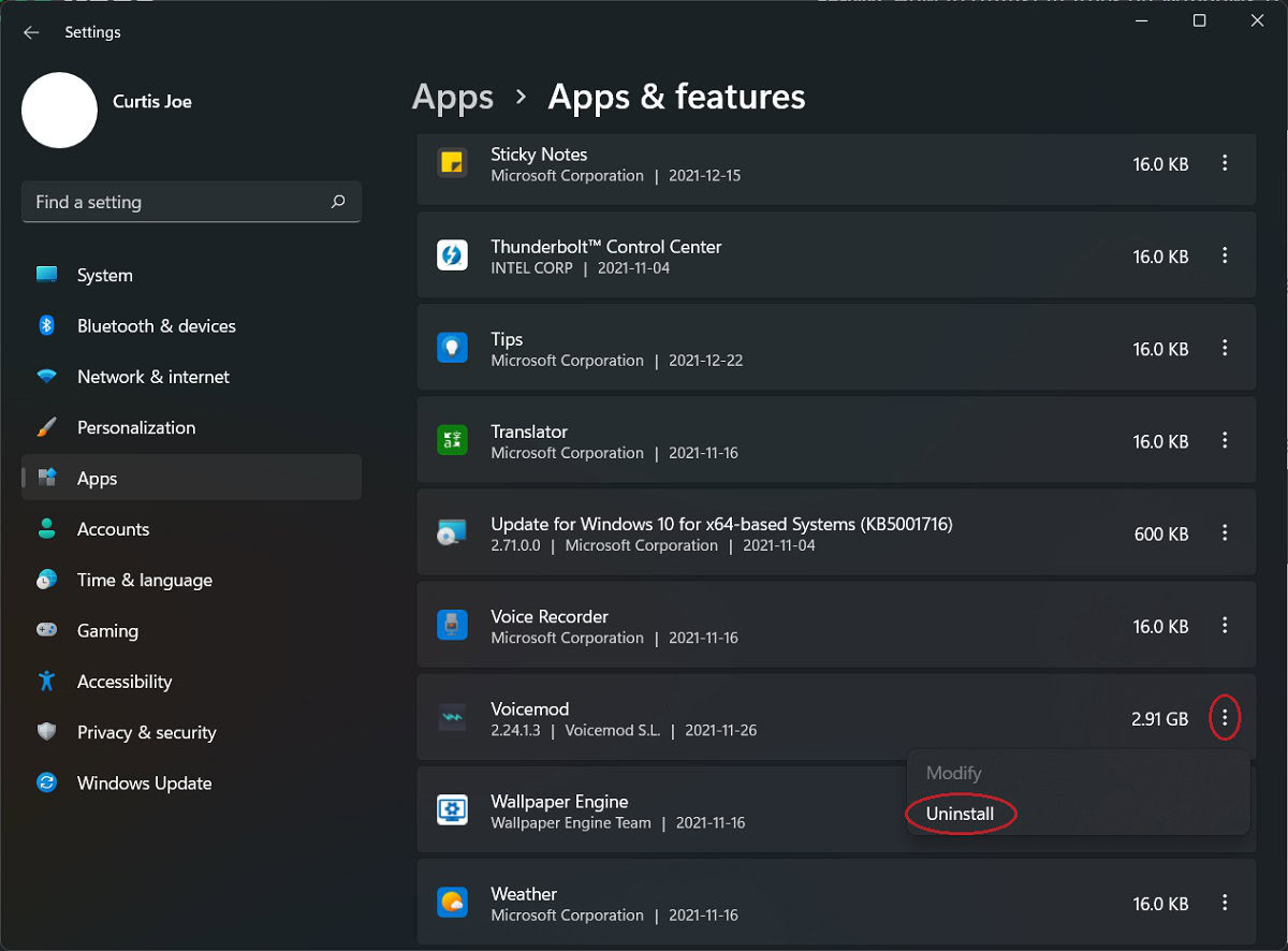uninstalling in windows 11 through settings 3