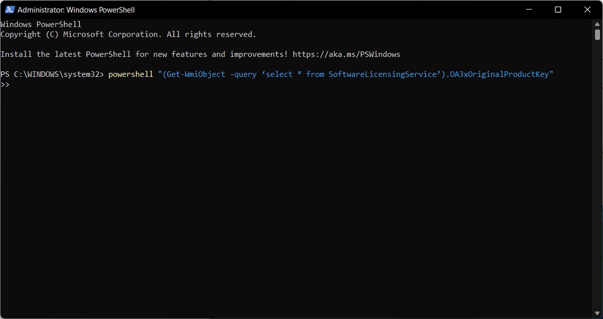 using powershell to find windows key step 2