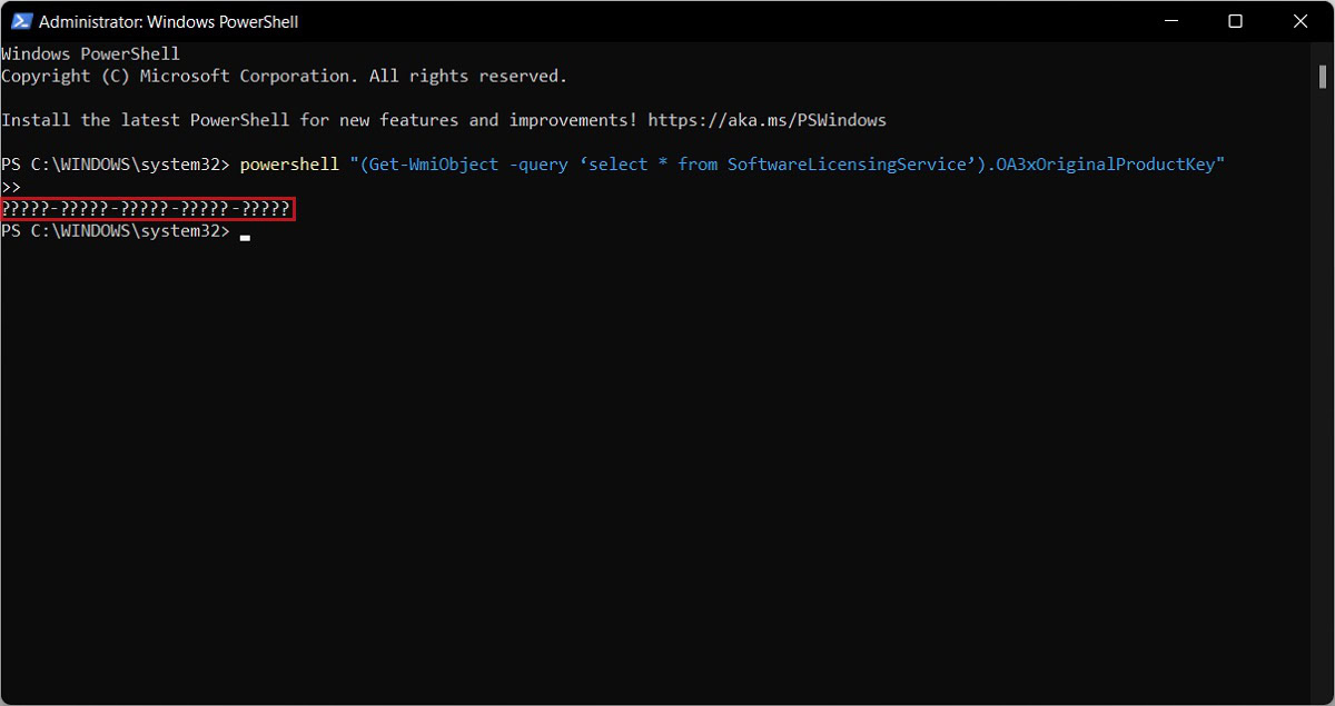 using powershell to find windows key step 3