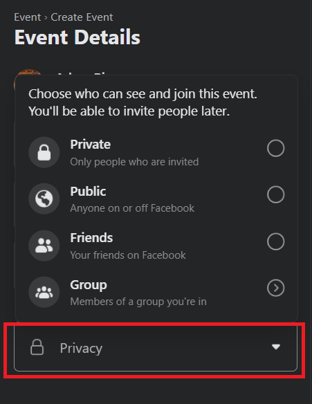 Event privacy options