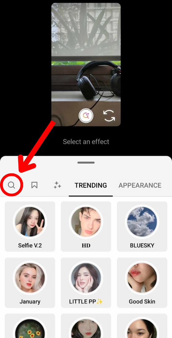 Instagram app story search filter magnifying glass icon