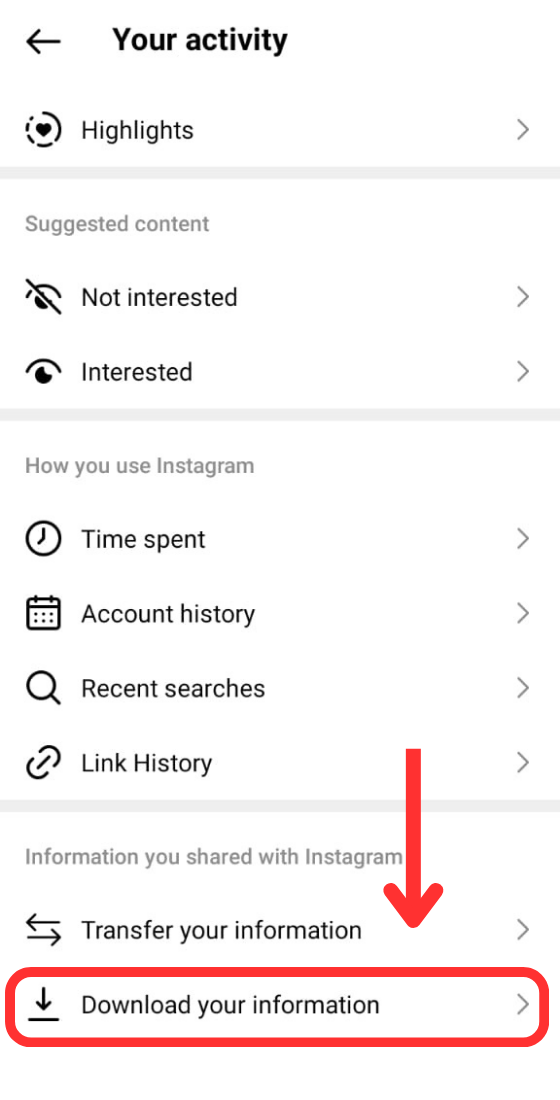 "Information you shared with Instagram" section