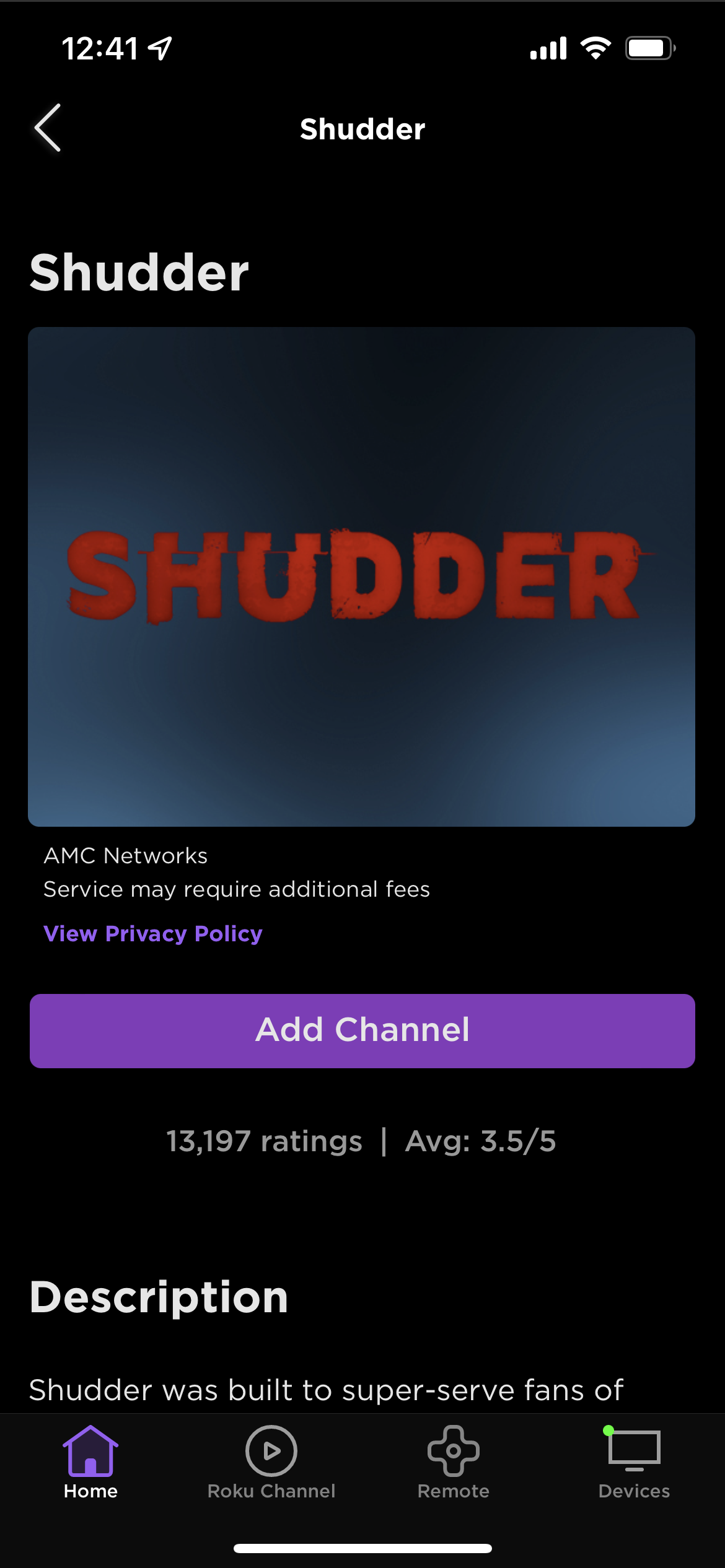 A channel listing in the Roku app