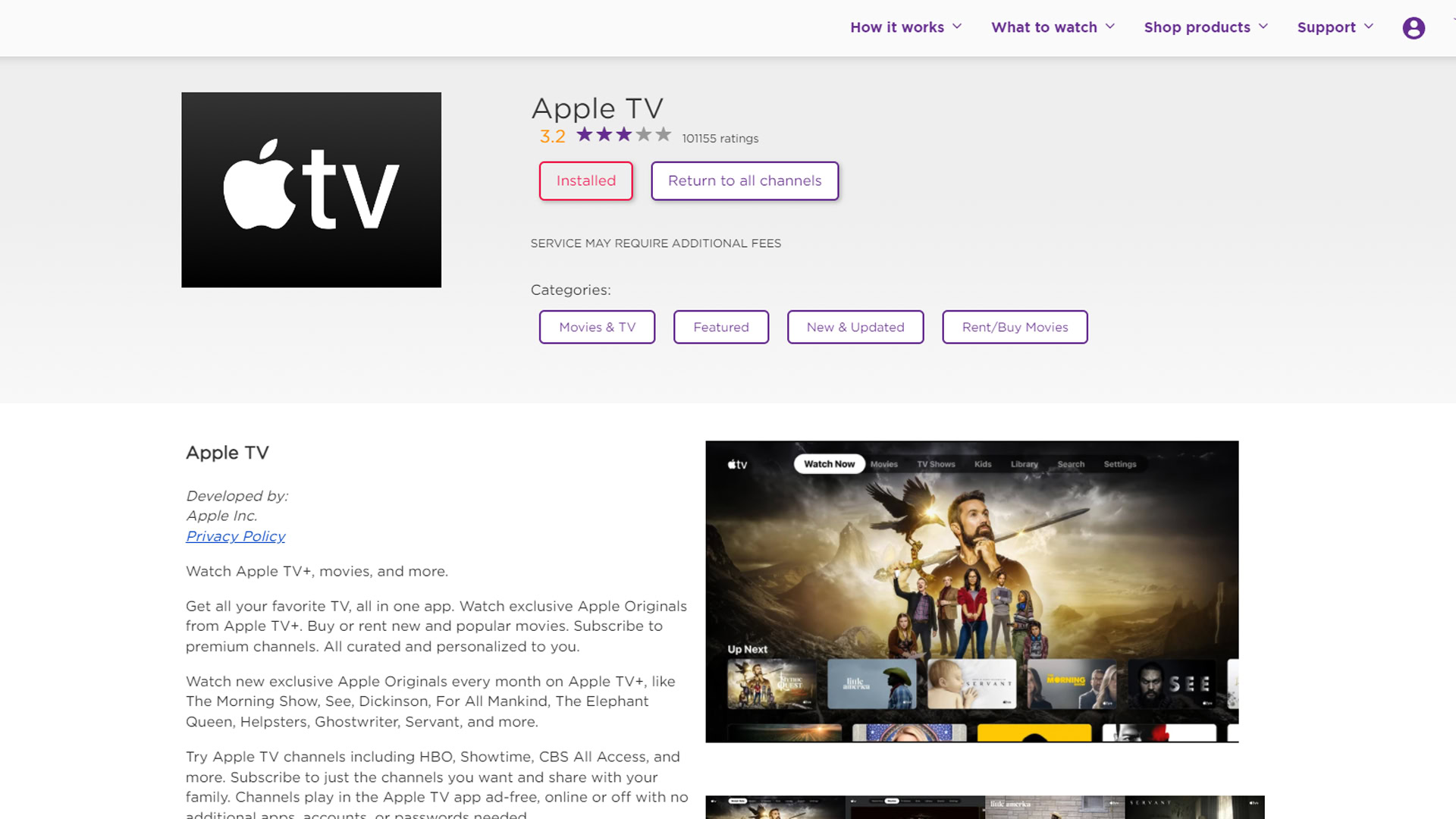 The Apple TV app on the Roku Channel Store
