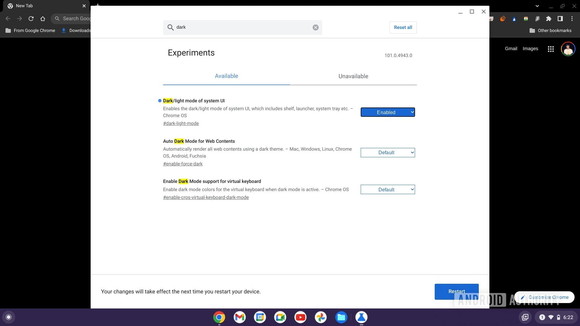 Chrome OS Darklight режим системного пользовательского интерфейса флаг