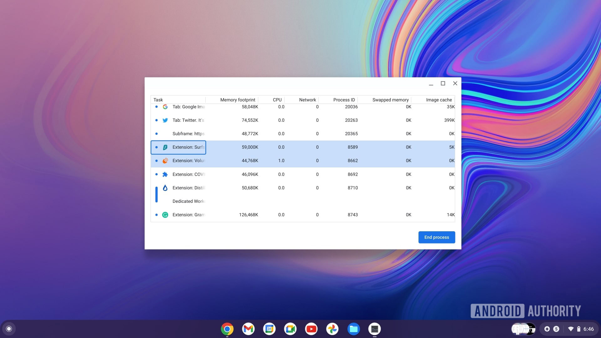 Chrome OS task manager multiple process end