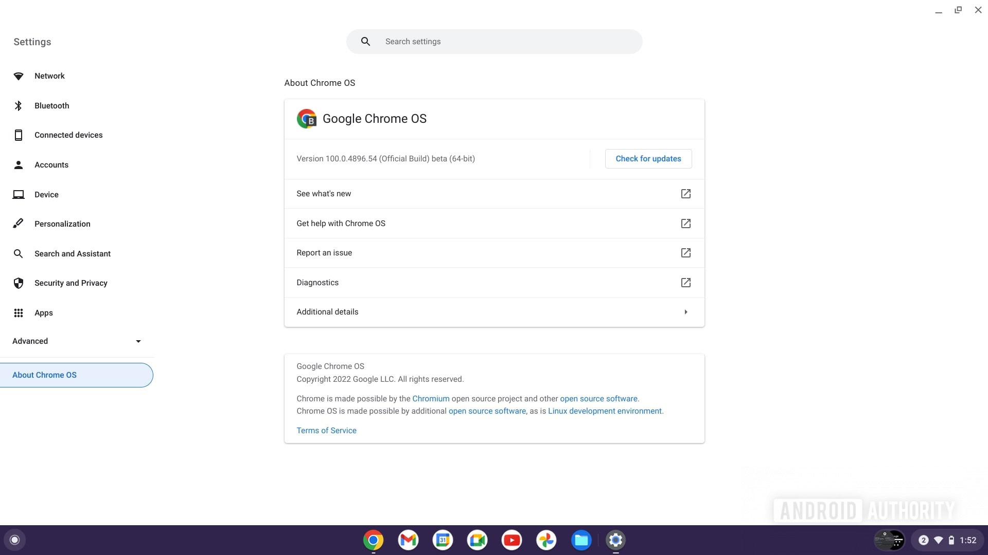 Chromebook about chrome OS screen