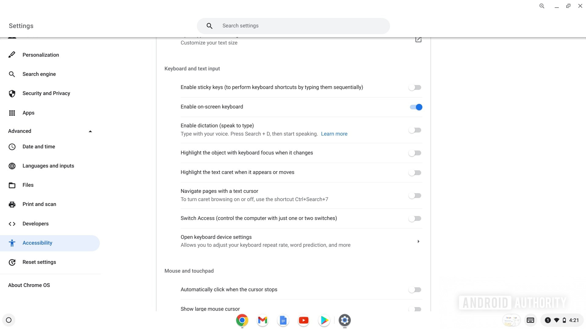 Chromebook enable on screen keyboard