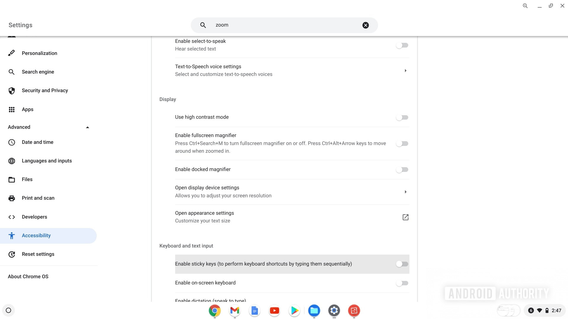 Chromebook magnifying settings