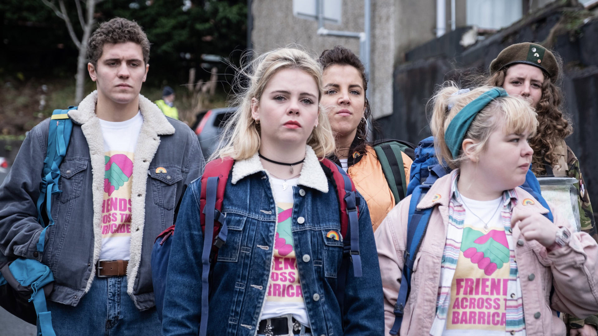 Main cast of Derry Girls in the school yard - best british shows on netflix