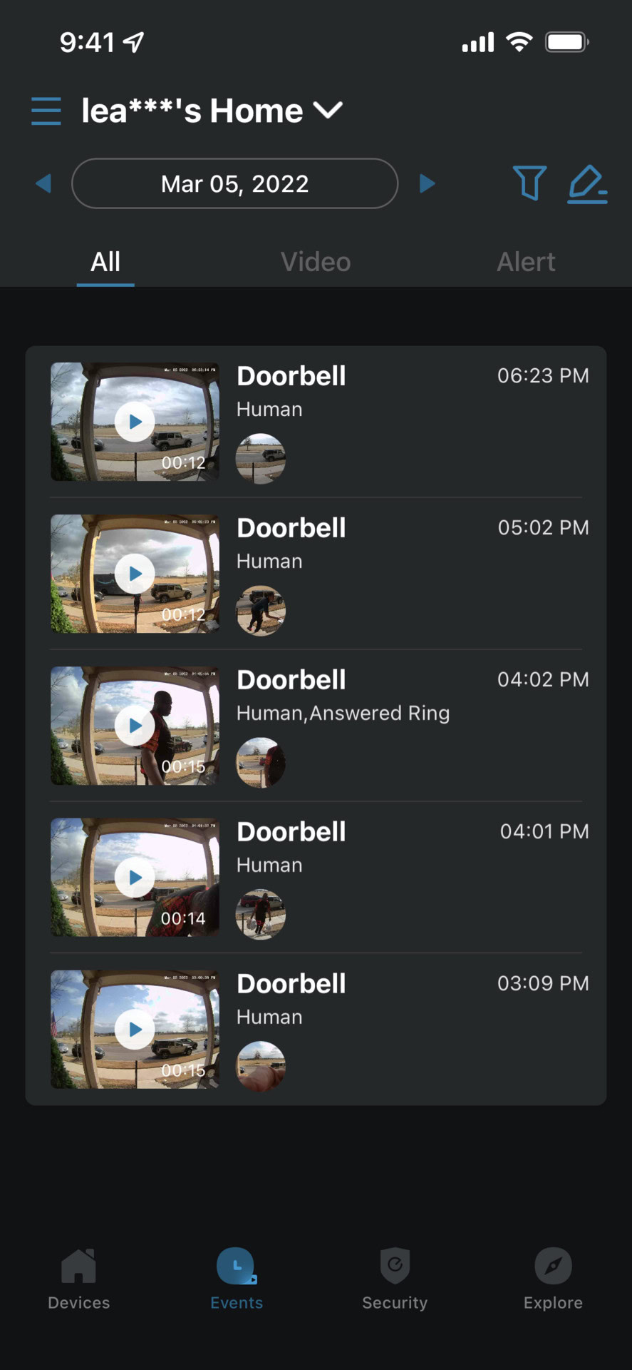 Event history on the Eufy Video Doorbell Dual