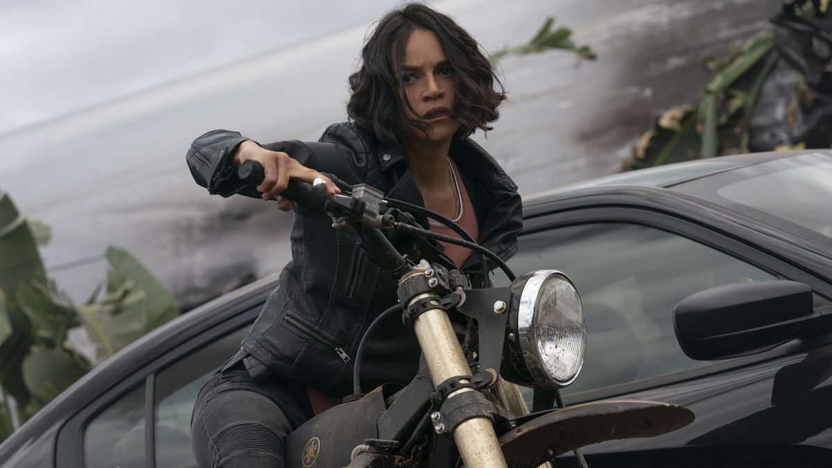 Michelle Rodriguez on a motorcycle in F9 The Fast Saga -best new streaming movies
