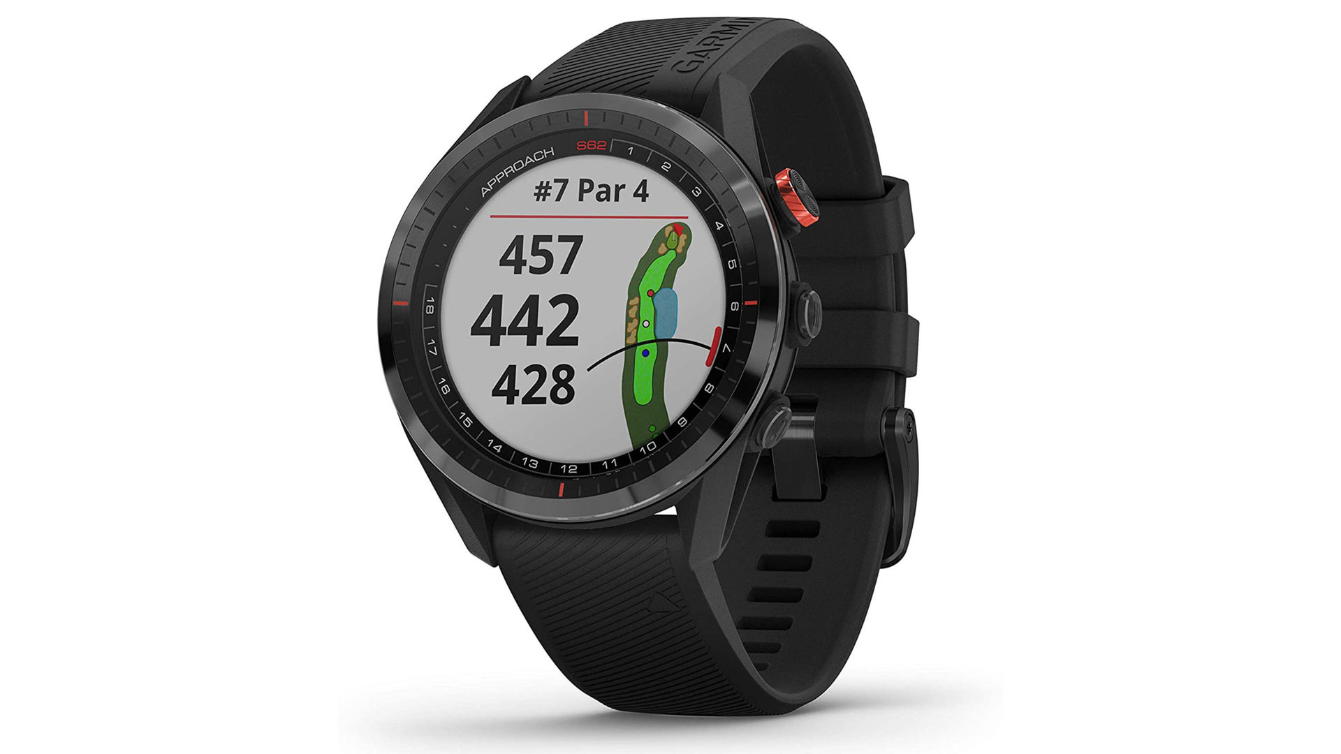 A product image depicts the Garmin Approach S62, the best golf GPS smartwatch.