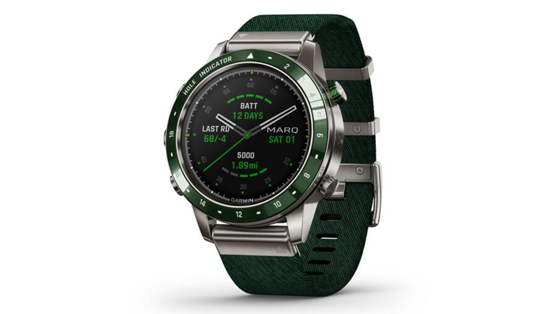 A product image of the Garmin Marq Golfer represents Garmin's high-end golf GPS watch.
