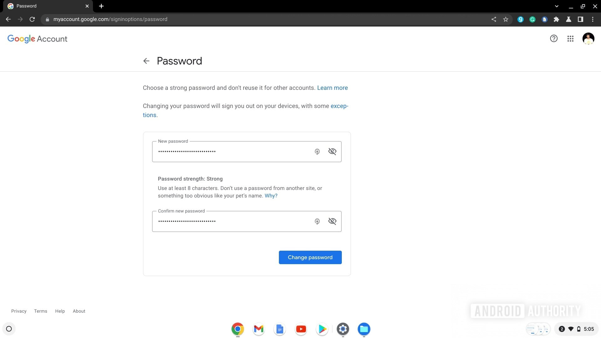 Google enter new password