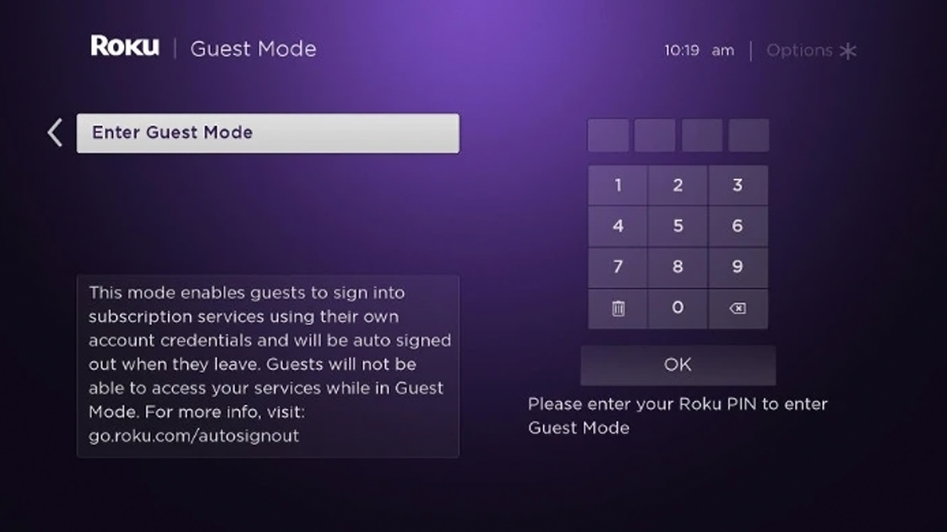 Guest Mode PIN entry on Roku