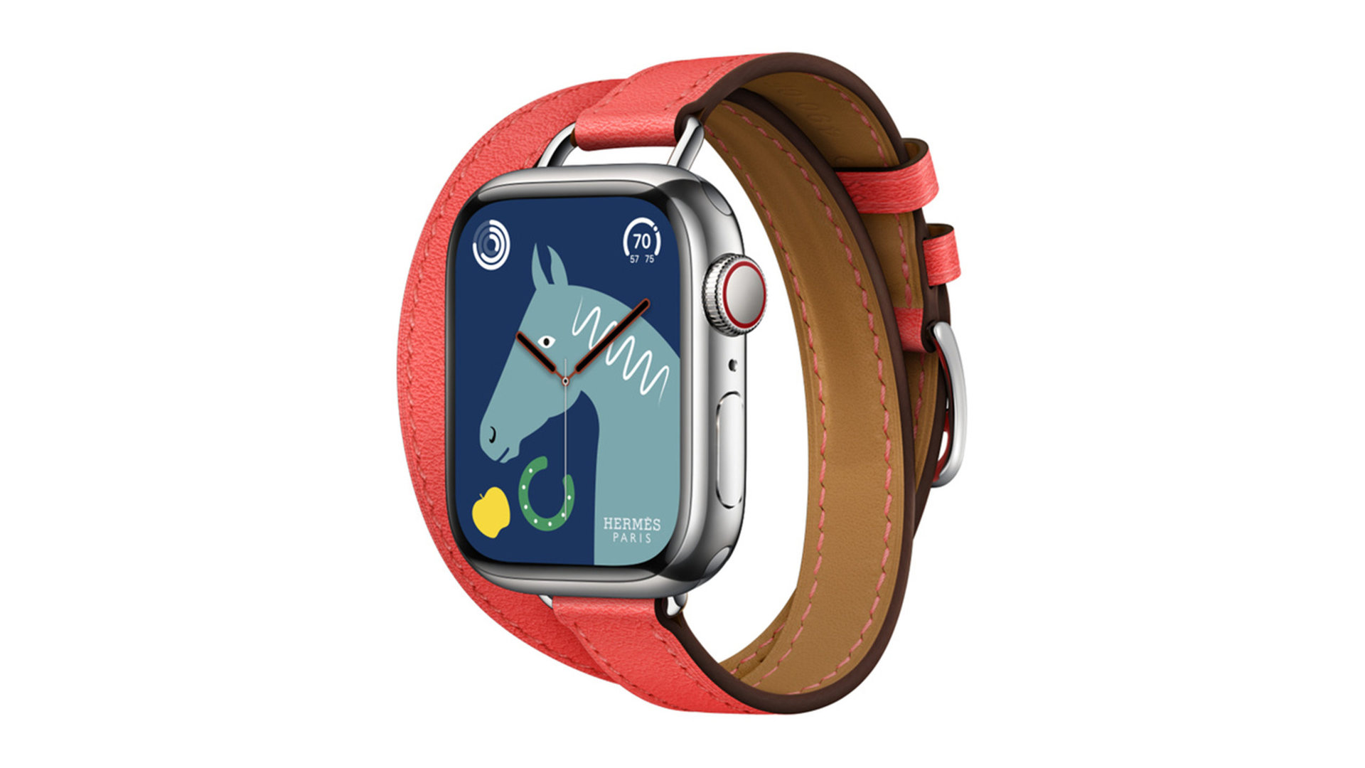 A Hermes Apple Watch Series 8 displays an exclusive Hermes watch face.