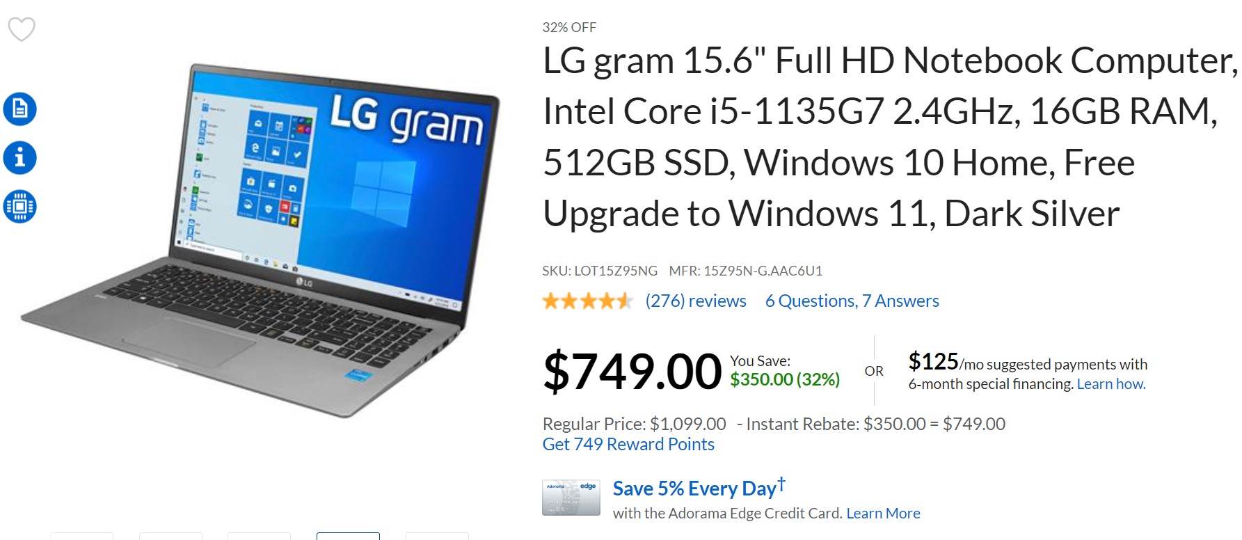 LG Gram 15.6 inch Full HD Notebook Adorama Deal