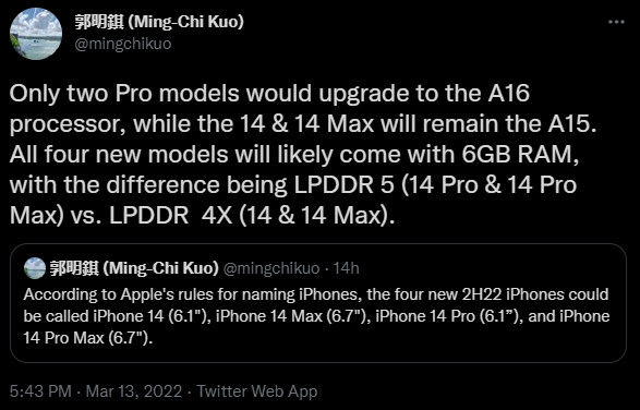 Ming Chi Kuo iPhone 14 series chips Twitter