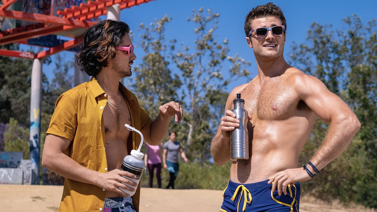 Two men in bathing suits in Now Apocalypse - best starz shows