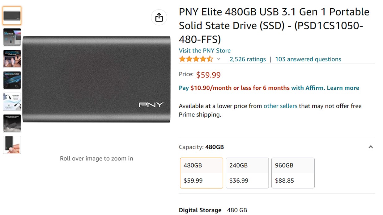 PNY Elite 480GB Portable SSD External Hard Drive Amazon Deal