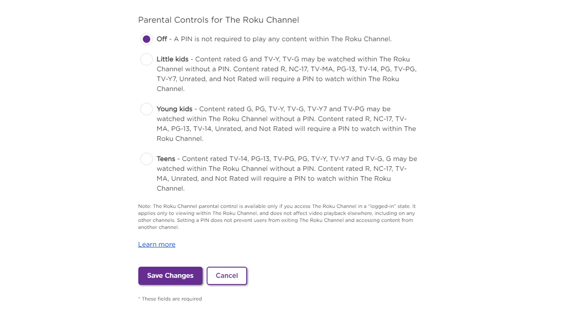 Roku Channel Parental Controls using a PIN