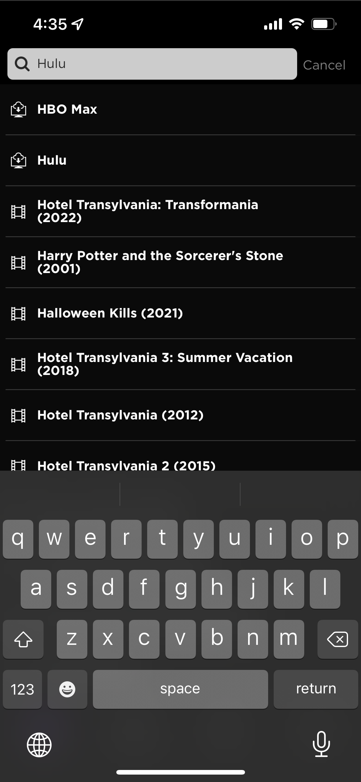 Searching for Hulu in the Roku mobile app