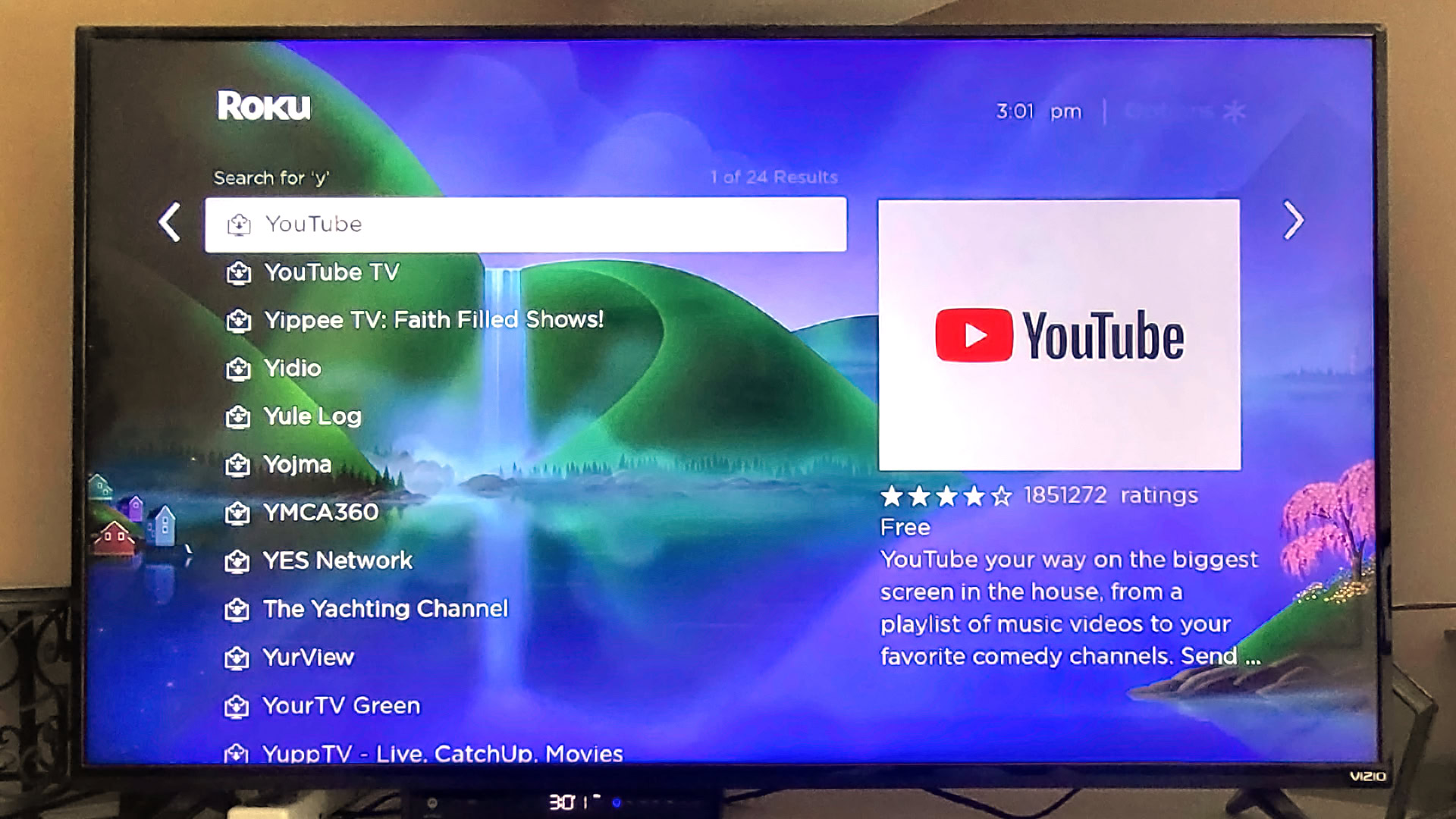 Searching for YouTube on a Roku TV
