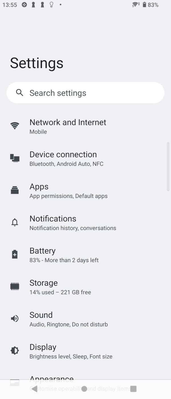 Sony Xperia 1 III Android 12 settings screenshot