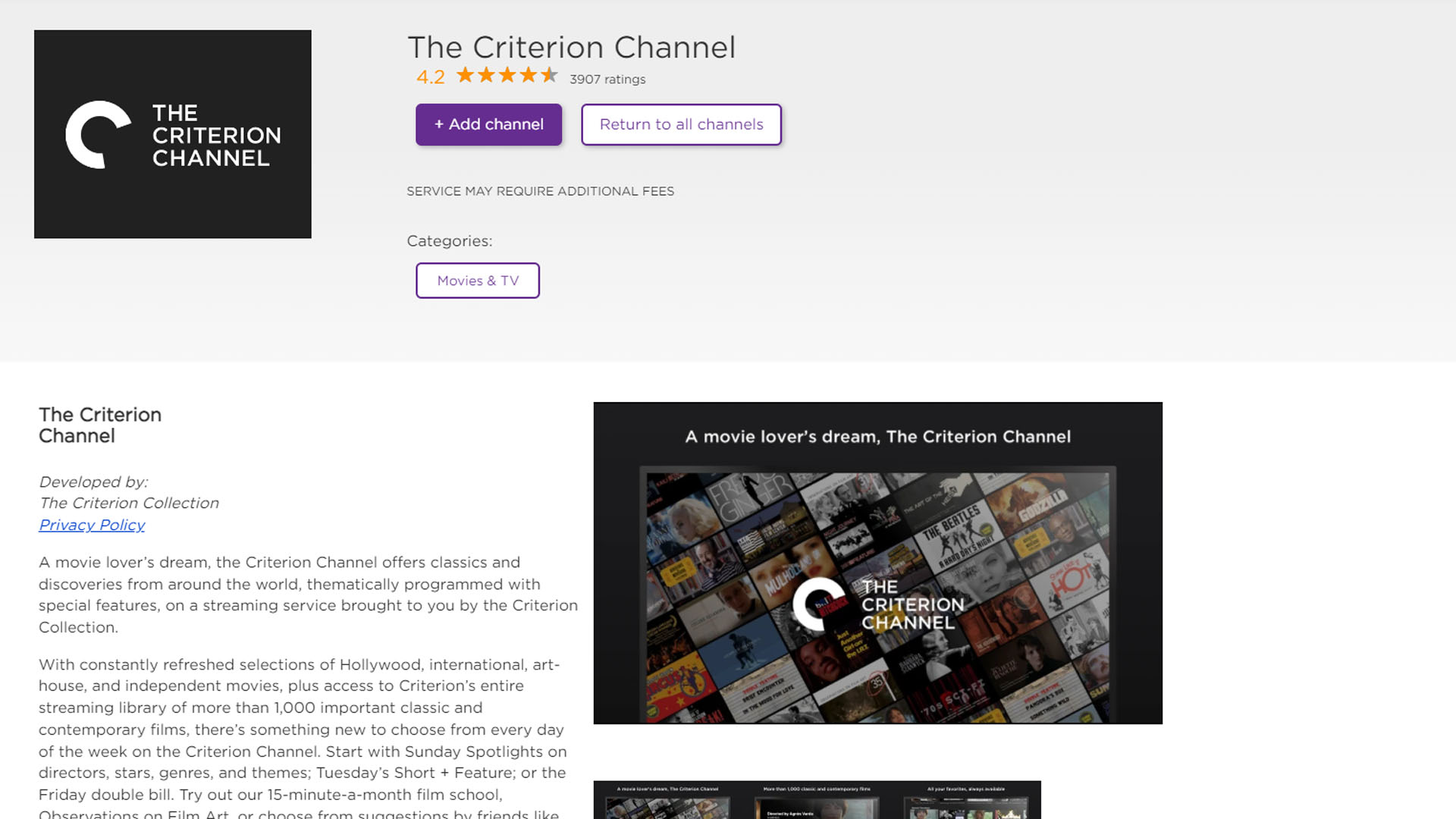 The Criterion Channel on the Roku Channel Store