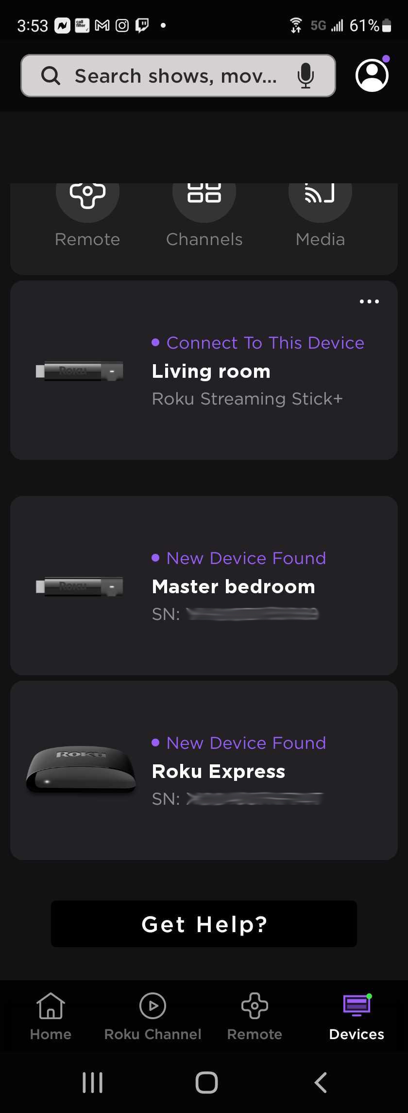 The Devices tab in the Roku Android app