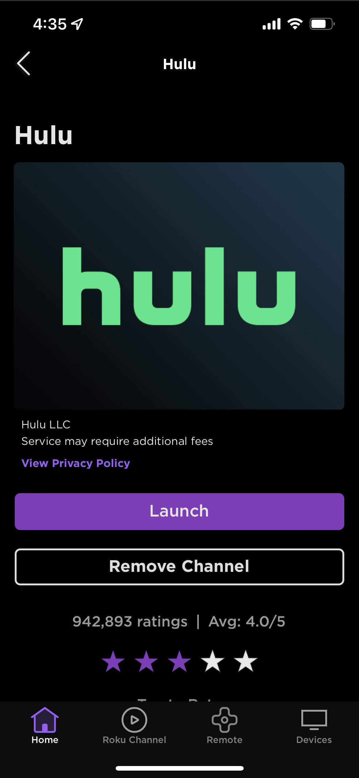 The Hulu Roku app listing on mobile