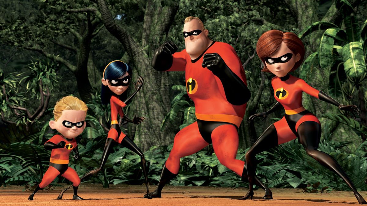 The incredibles pose in their superhero gear in the incredibles