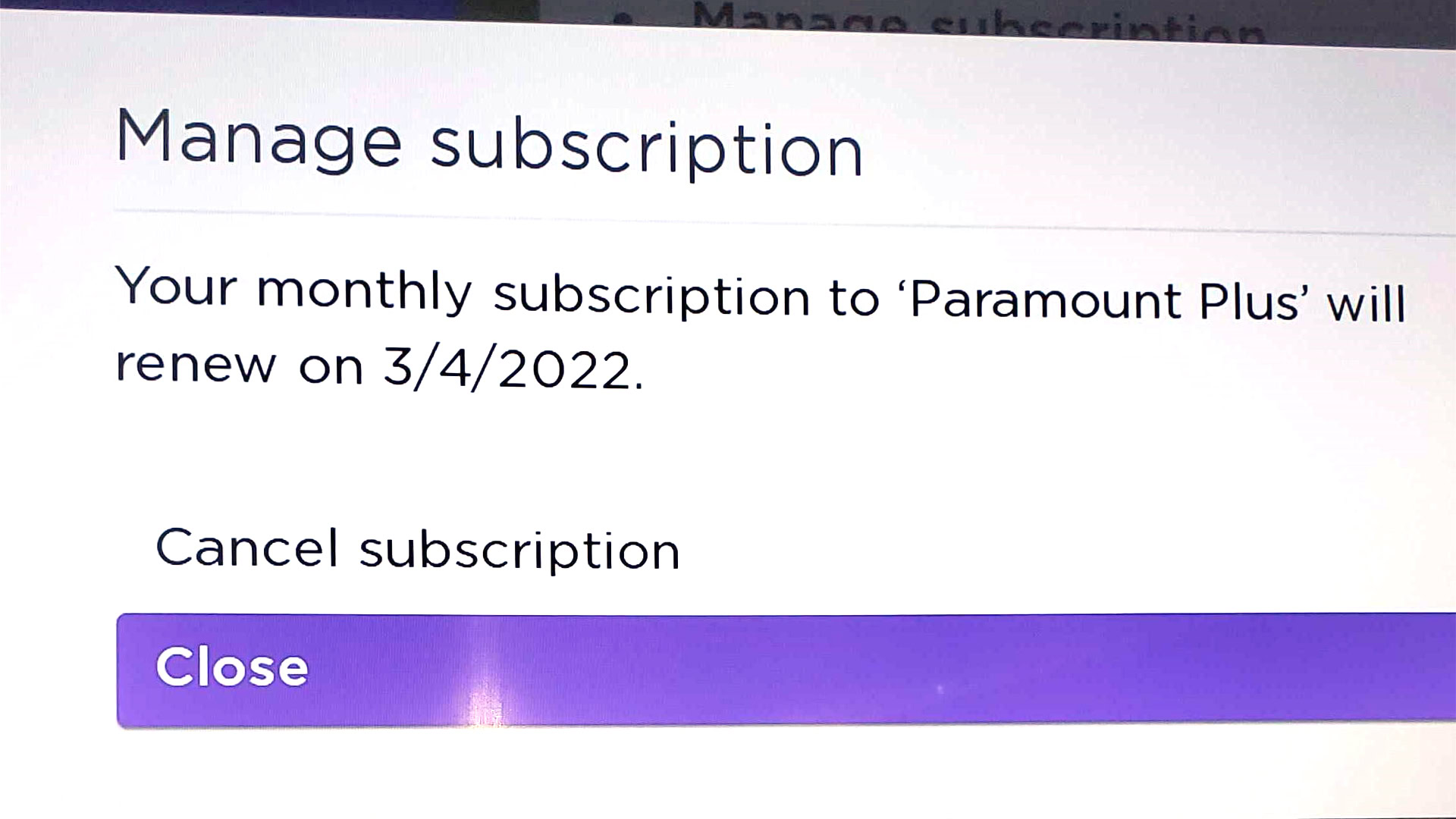 The Roku Manage subscriptions menu on a TV