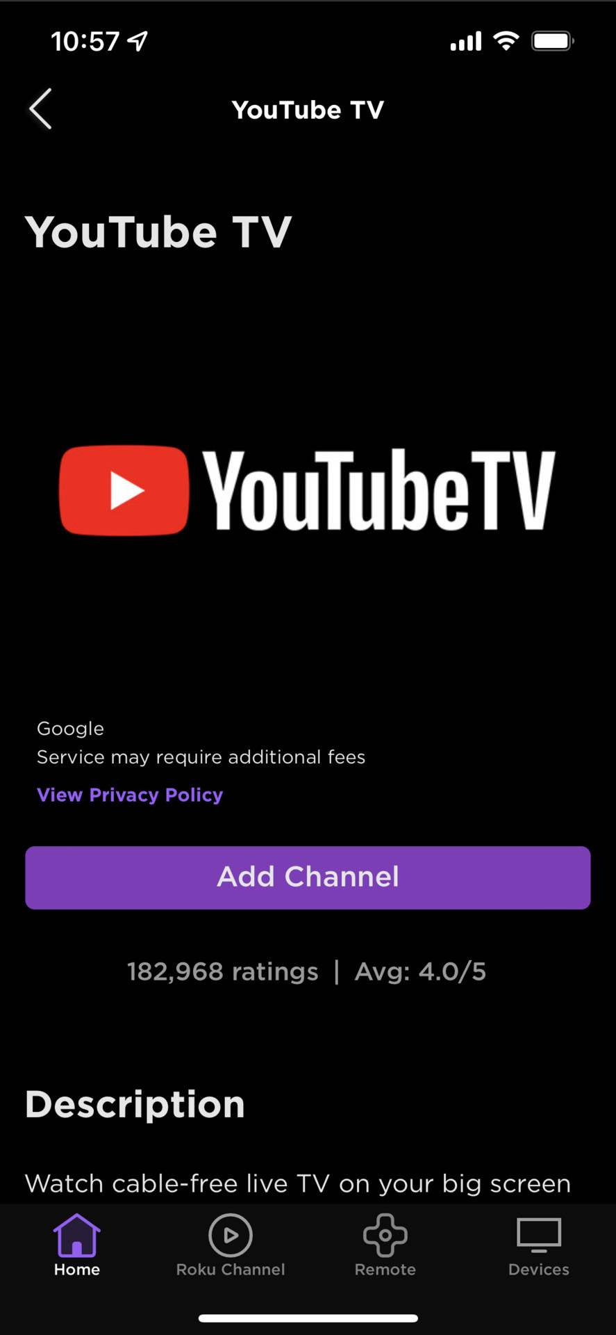 The YouTube TV listing in the Roku app
