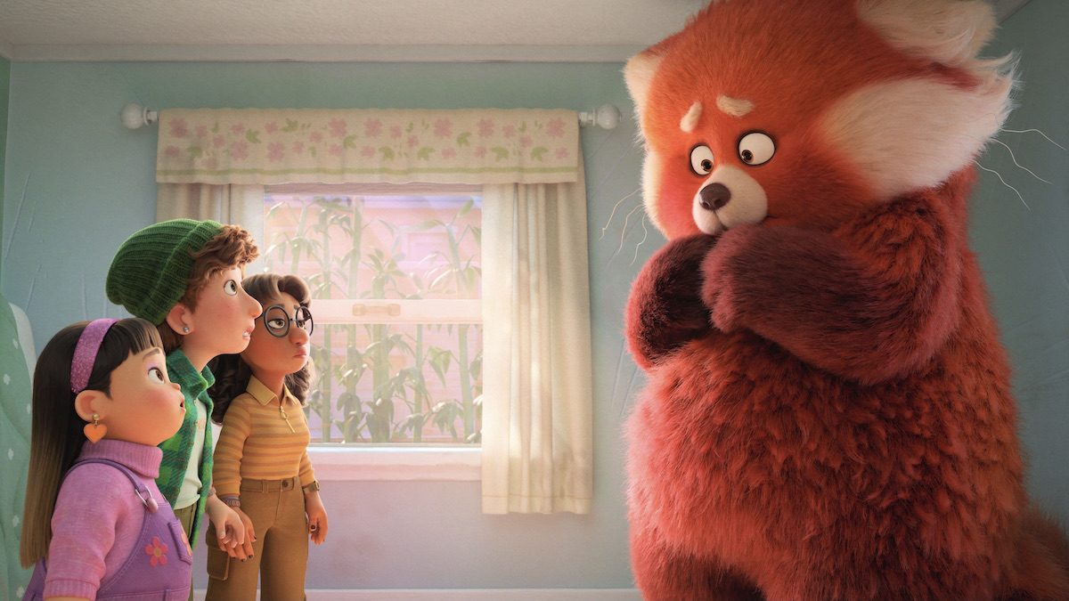 A giant red panda stands opposite children in Turning Red - best new streaming movies