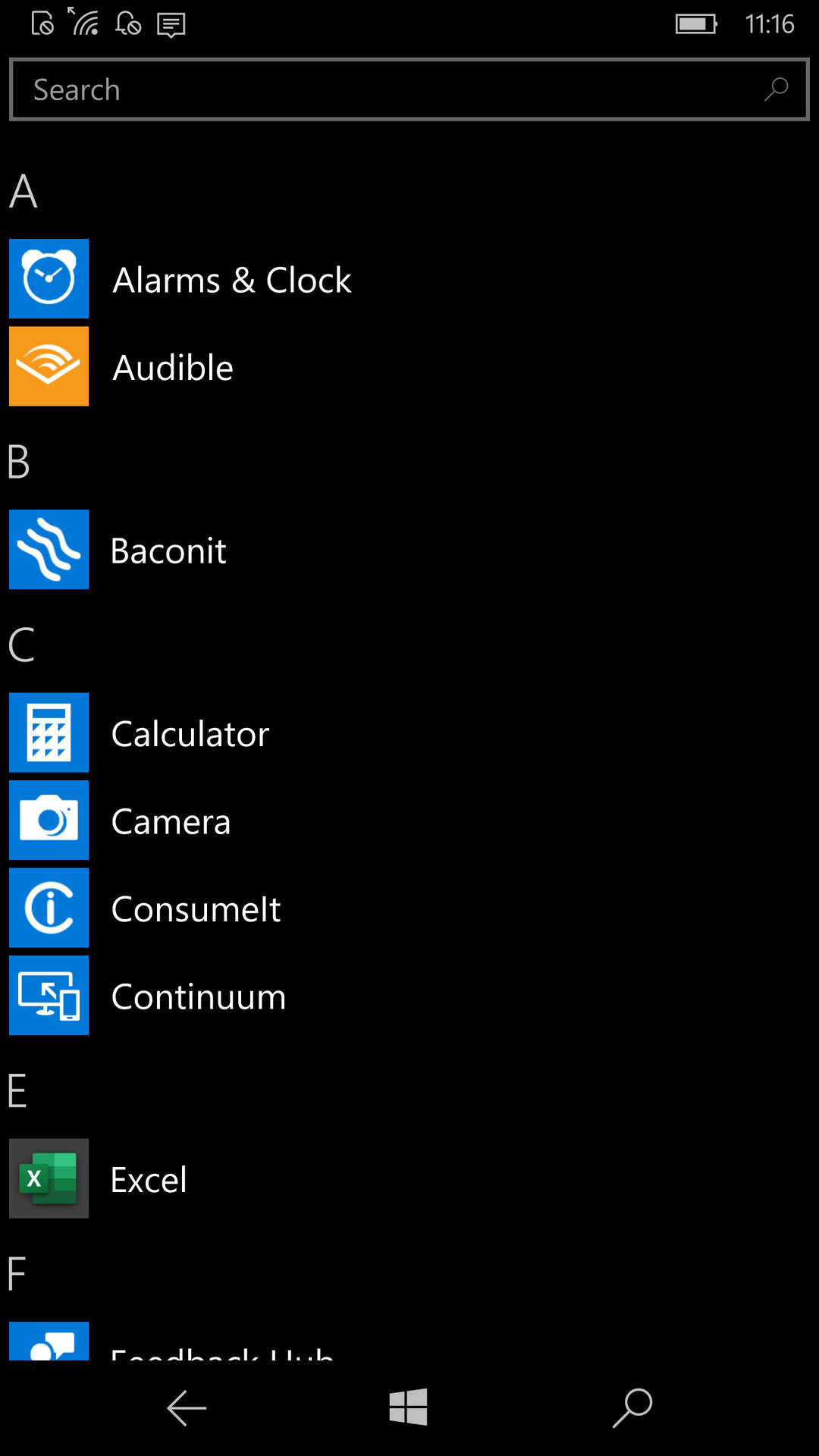 Windows 10 Mobile app drawer