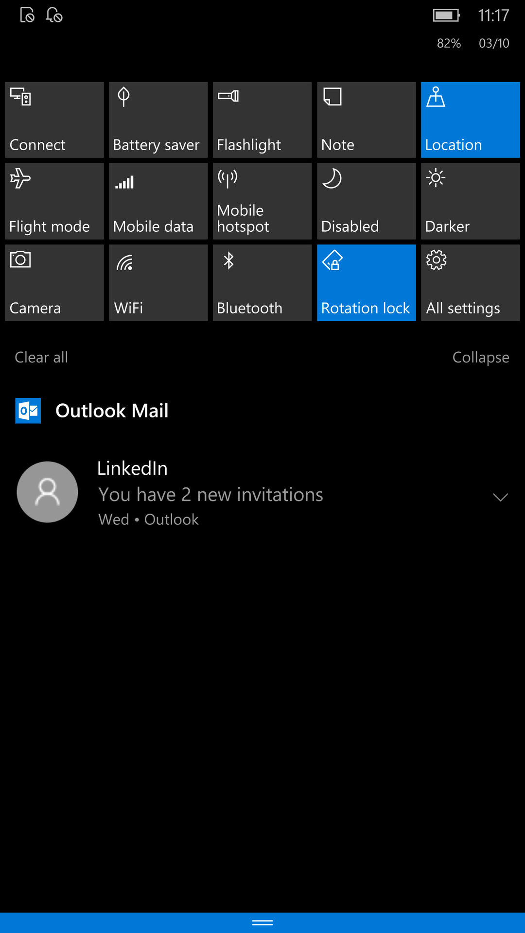 Windows 10 Mobile notification shade quick settings
