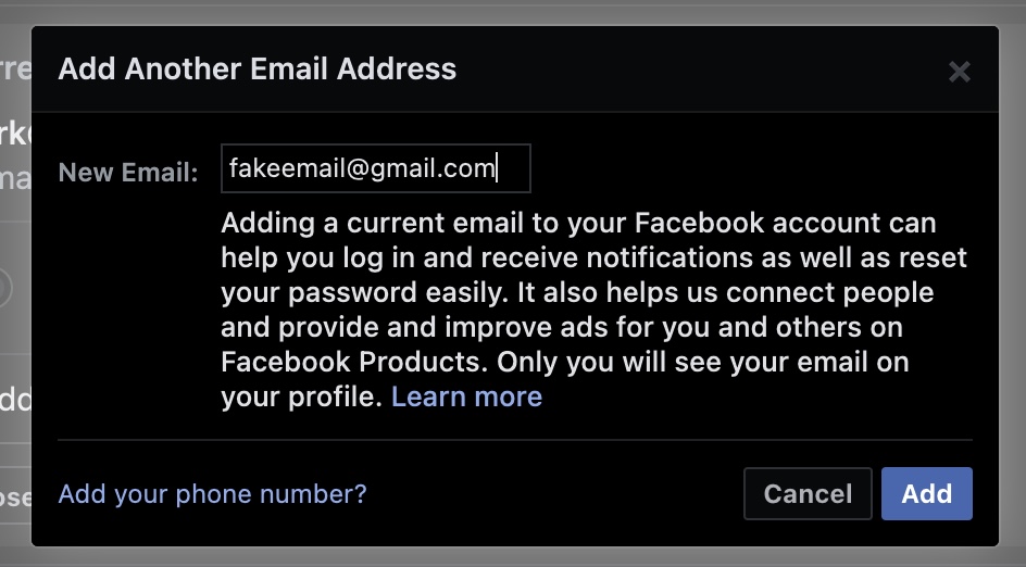 add new Facebook email