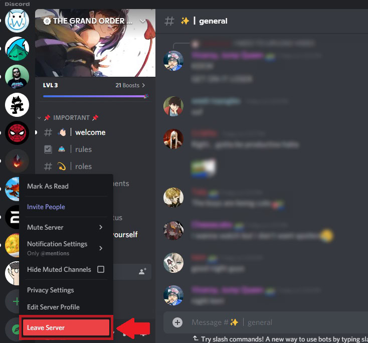 click leave server on discord
