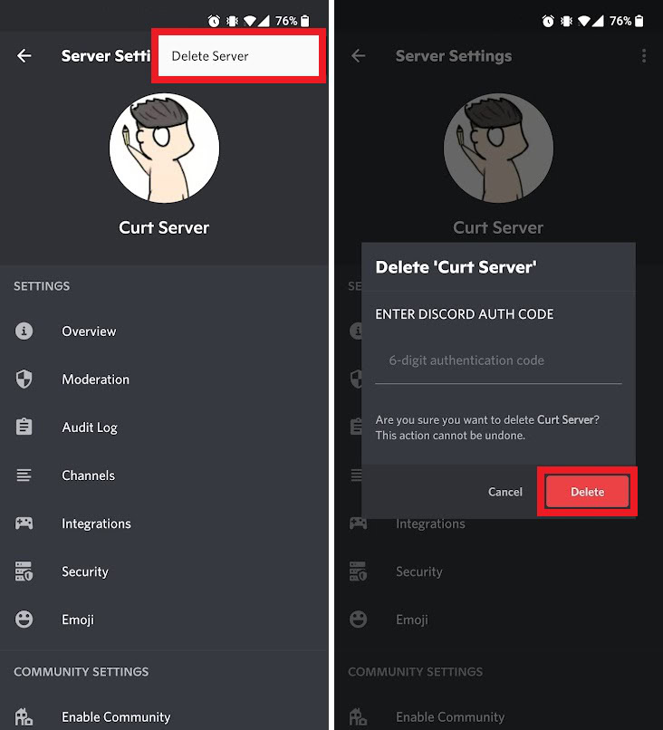 delete discord server on mobile