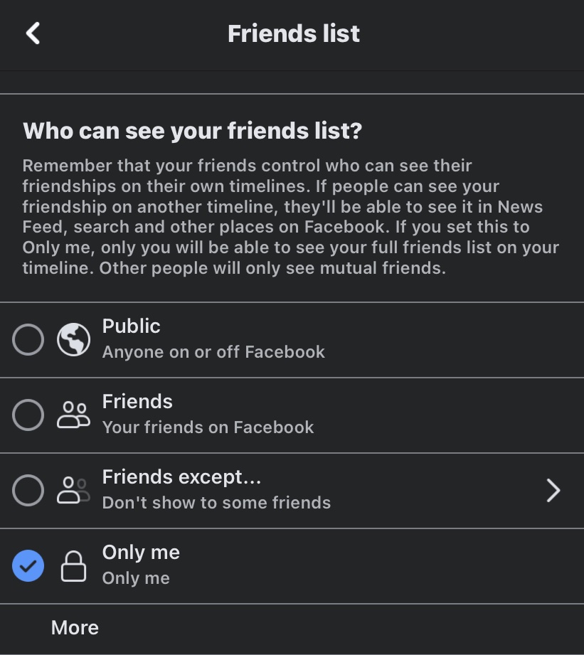 facebook app friends list privacy options