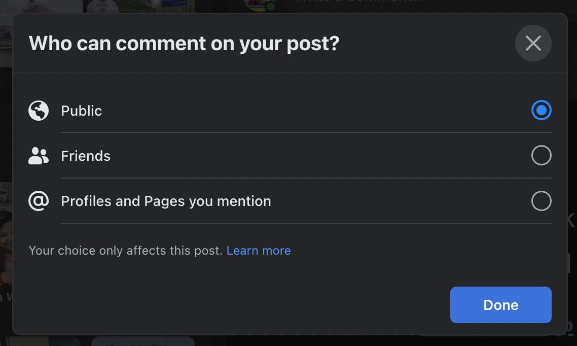 facebook public comments settings individual